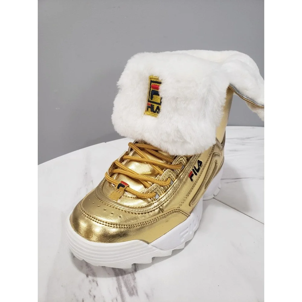 NEW NO BOX 5.5 WOMENS FILA Disruptor Shearling Winter Snow Boots Foldover GOld